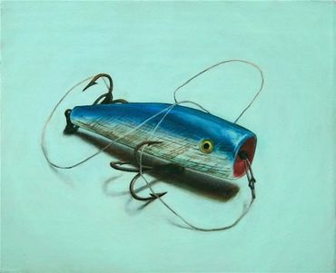 Painting of a blue and silver fishing lure loosely wrapped with leader on a green blue ground