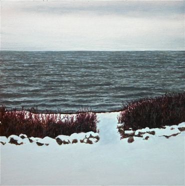 Painting of an overcast day, snow on the ground, a path to the water, stone wall