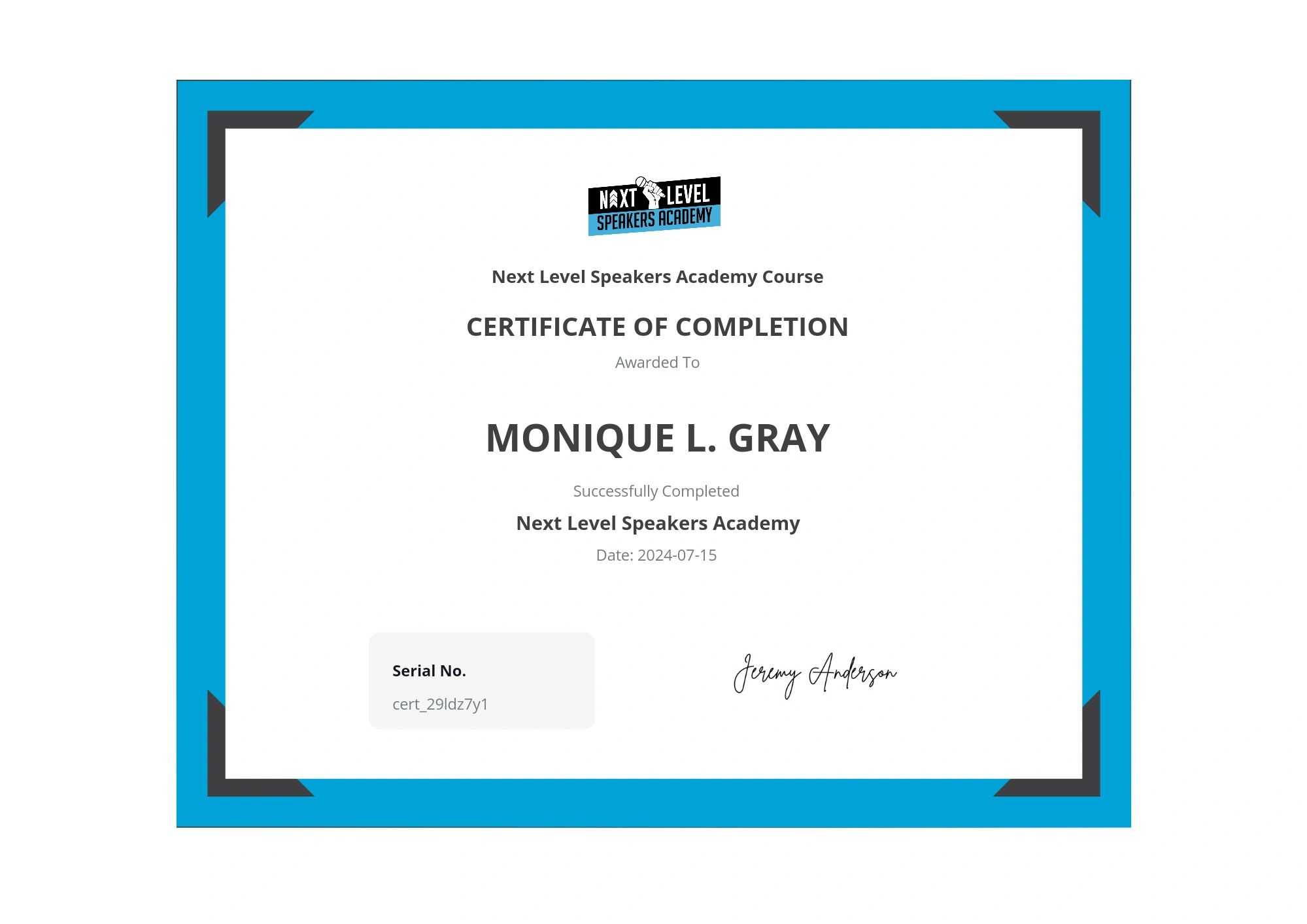 Certificate from the Next Level Speakers Academy