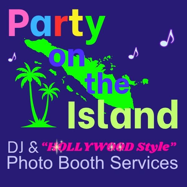 Colorful logo for Party on the Island DJ and photo booth services with tropical design.