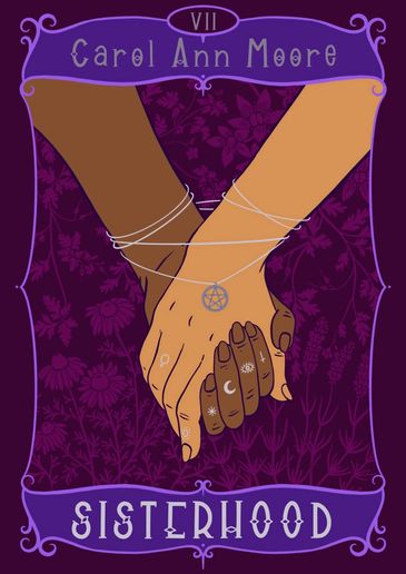 Sisterhood book cover.
Two women clasping hands bound in a pentacle necklace