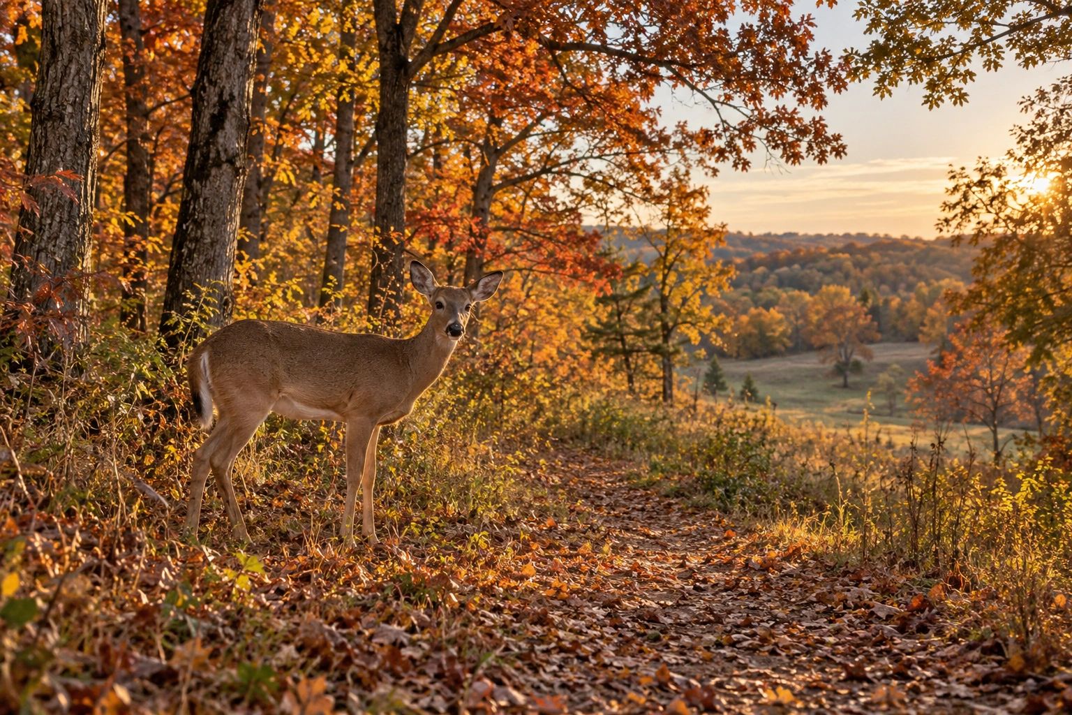 Deer standing on a forest path in autumn.