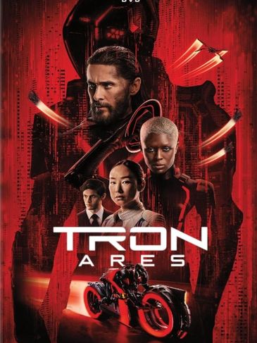 Tron: Ares movie poster with characters and motorcycle in red tones.