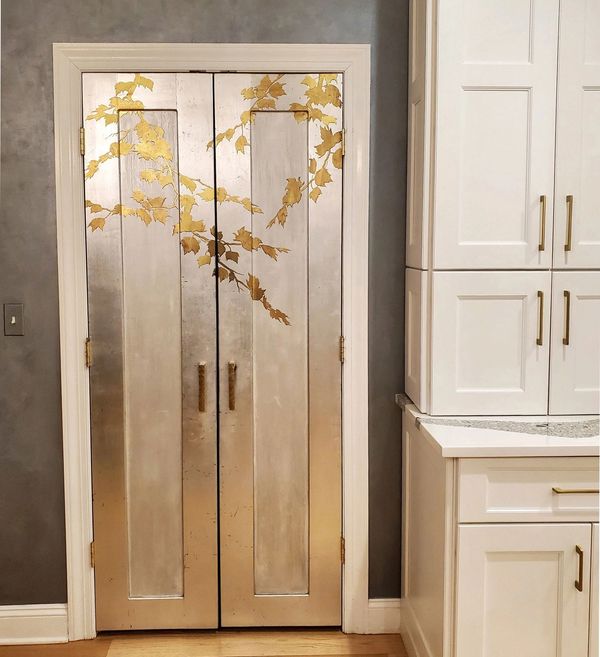 gold leaf, silver leaf, stencil, decorative door