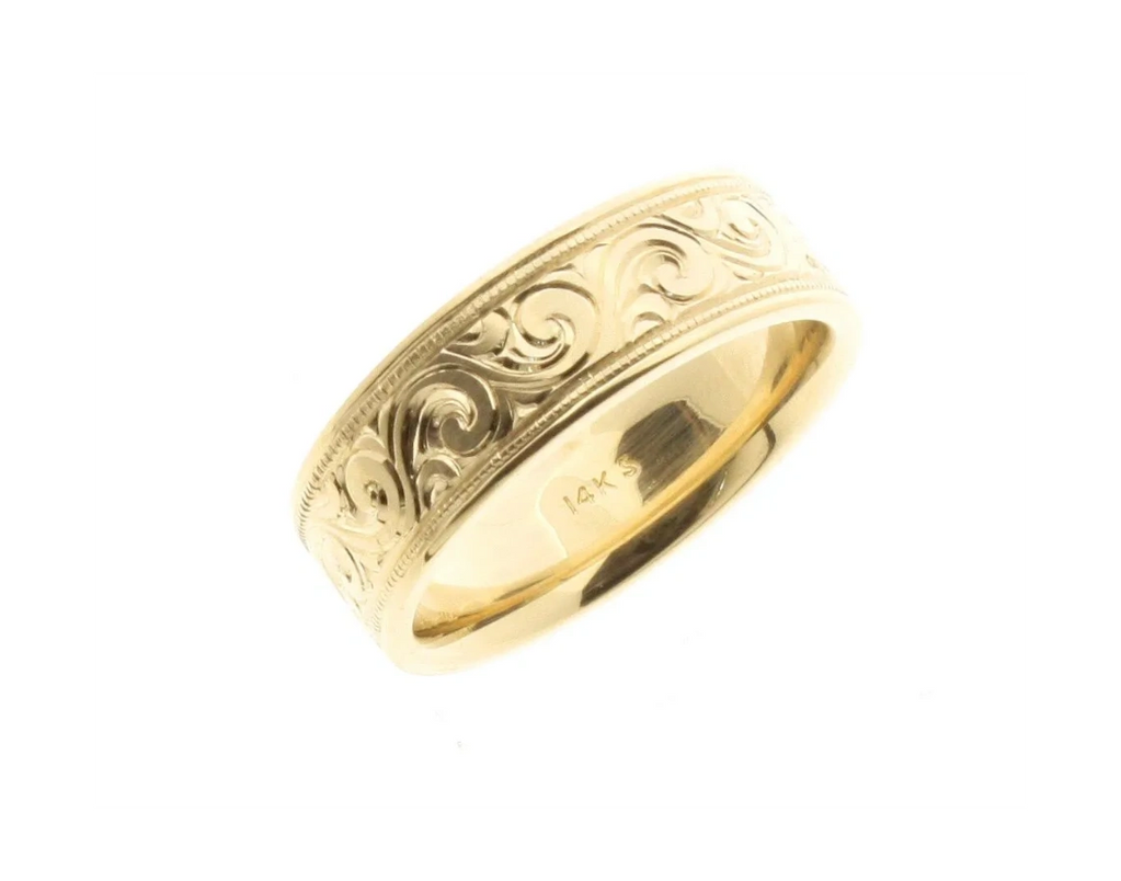Yellow Gold Hand Engraved Scroll Design Flat Wedding Band