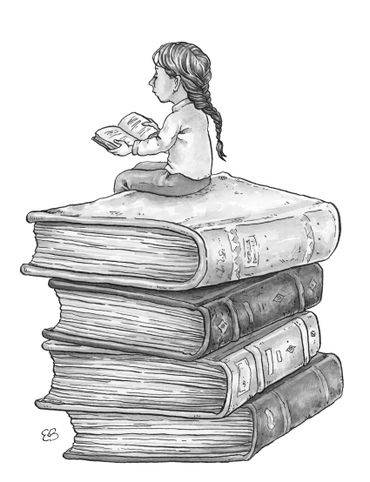 black and white interior chapter book illustration of young girl reading a book