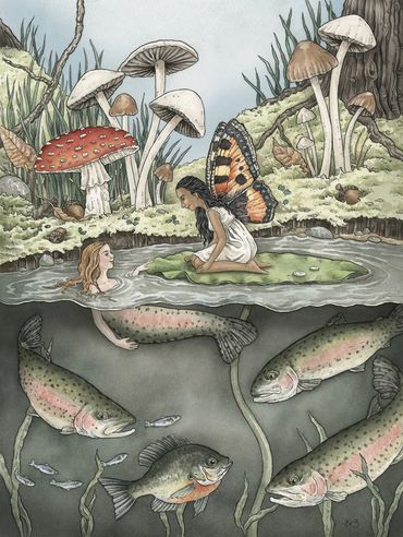 watercolor children's illustration of a fairy, mermaid, and fish in a mushroom forest scene