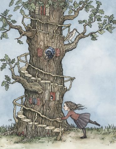 illustration of a little girl standing by a treehouse tree with birds peeking through the windows