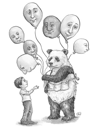 black and white chapter book interior illustration of little boy and panda with balloons