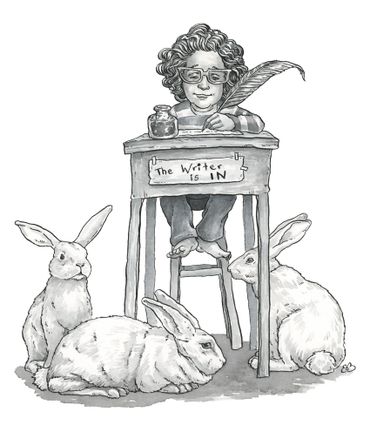 black and white interior chapter book illustration of little girl writing and white rabbits