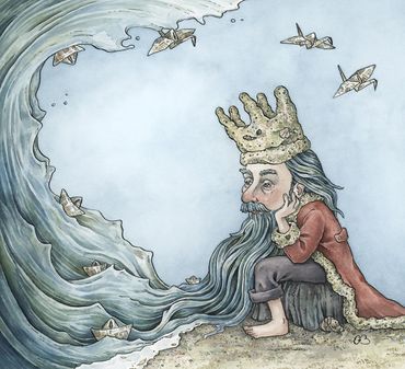 watercolor children's illustration of a king in the sand by the sea with origami boats and cranes