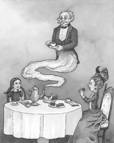 black and white interior chapter book illustration of a genie little girl and woman having tea