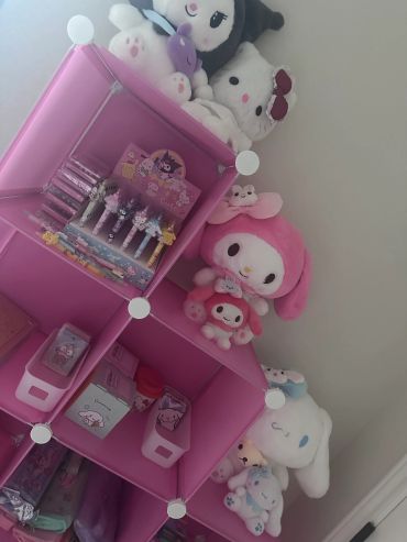 Pink shelf with cute Sanrio plushies and stationery.