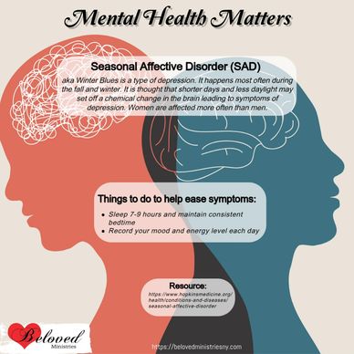 Infographic explaining Seasonal Affective Disorder and ways to ease symptoms.