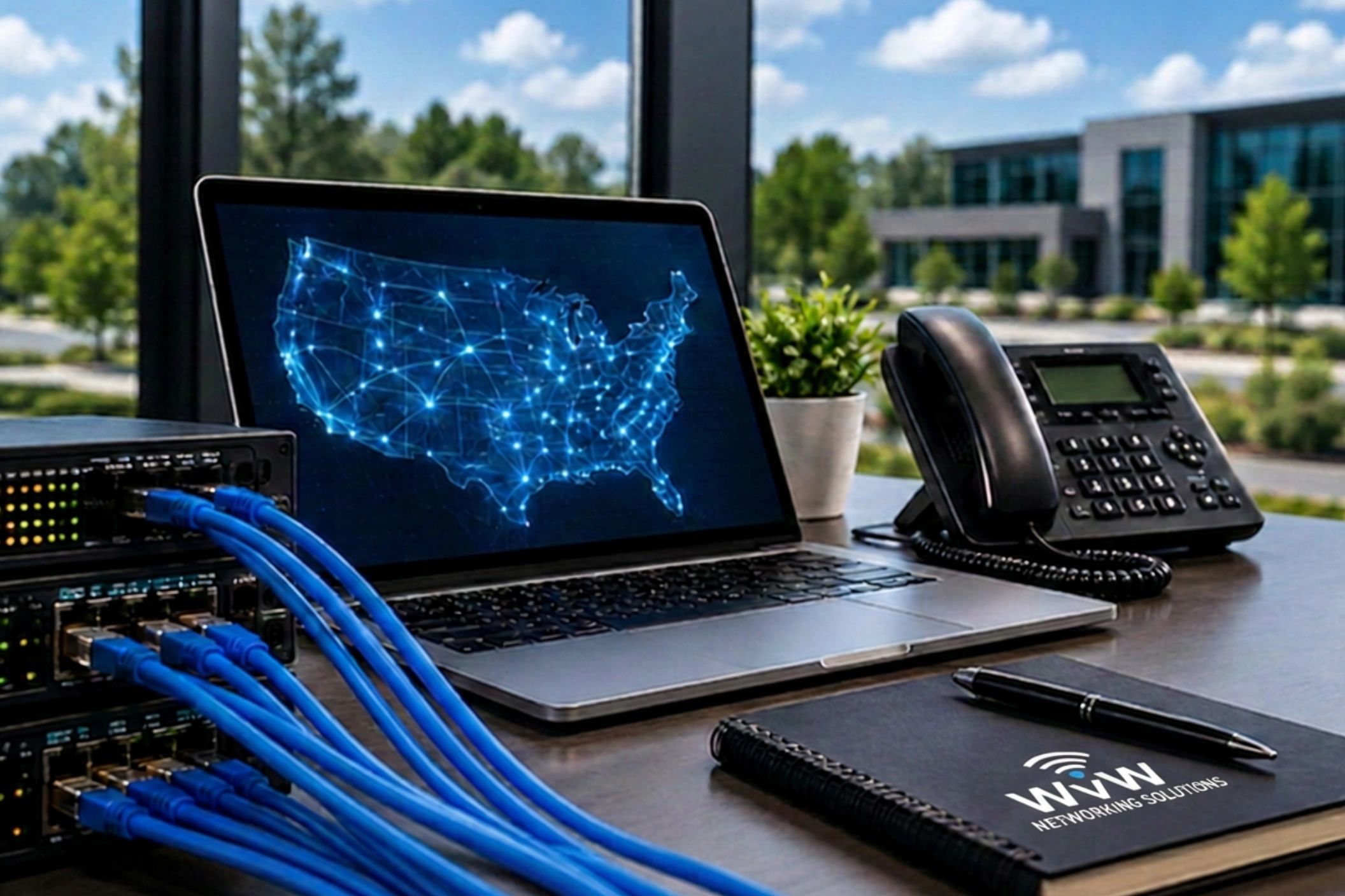 Network setup with laptop, cables, and phone on desk.