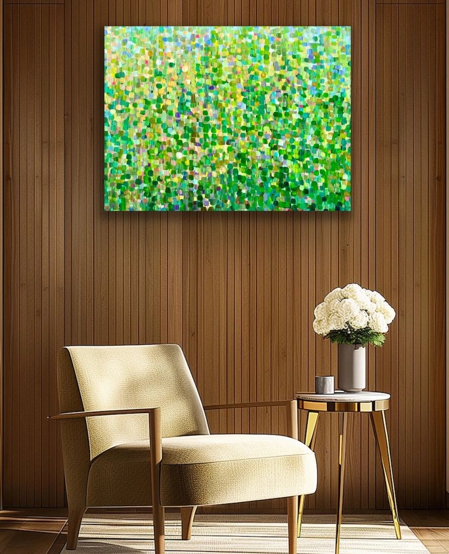 Modern chair and table with flowers under vibrant green abstract painting.
