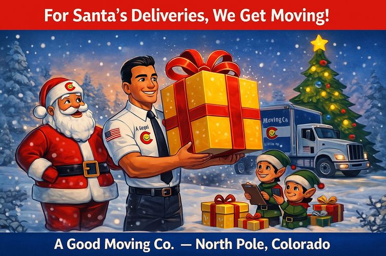 A Good Moving Company mover with a gift beside Santa, elves, on a snowy Christmas scene.