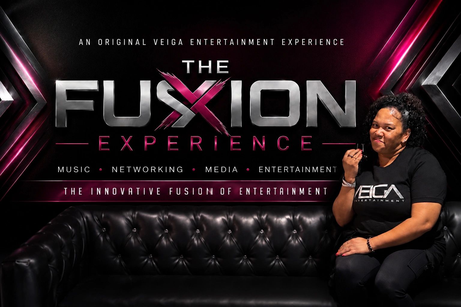 Woman posing beside The Fusion Experience banner.