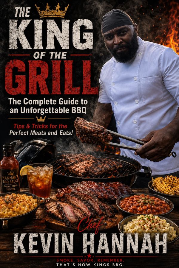 Chef Kevin Hannah grilling meat with BBQ sides and sauce, titled 'The King of the Grill'.
