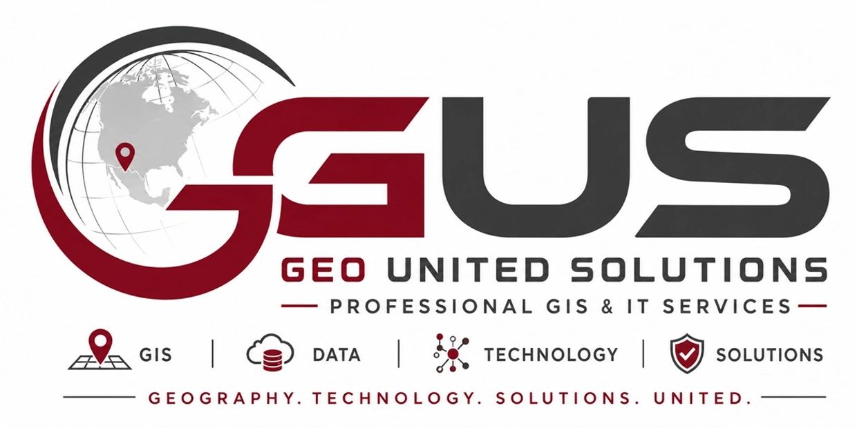 Logo of Geo United Solutions with GIS, Data, Technology, and Solutions icons.