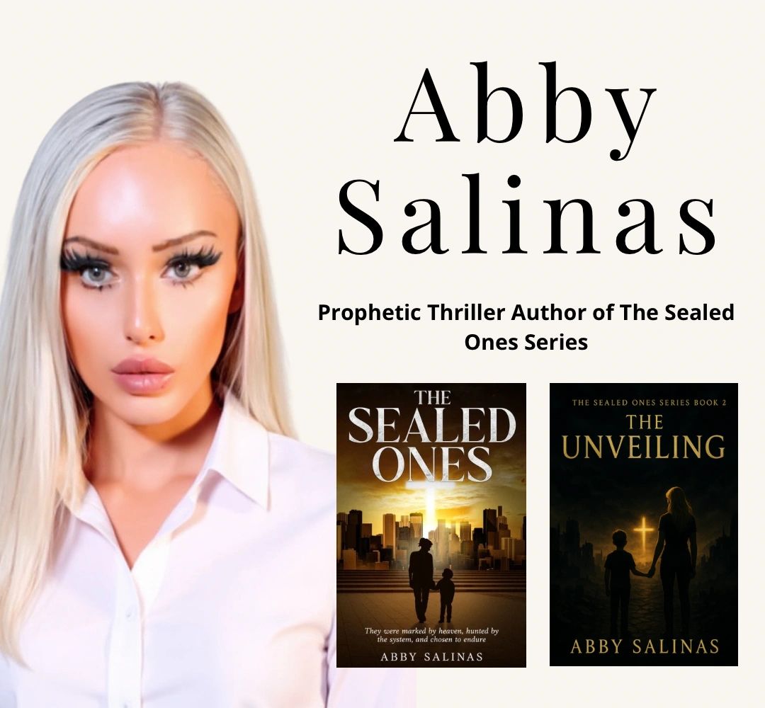 Abby Salinas, author of prophetic thriller series The Sealed Ones, with book covers shown.