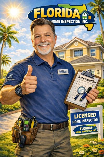 Smiling home inspector named Mike giving thumbs up in front of a house.