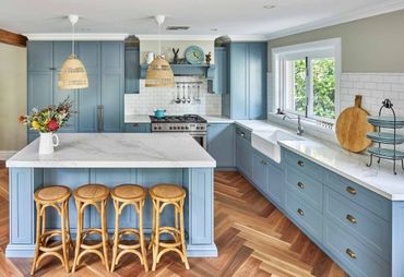 minimalistic sky blue themed kitchen interior design