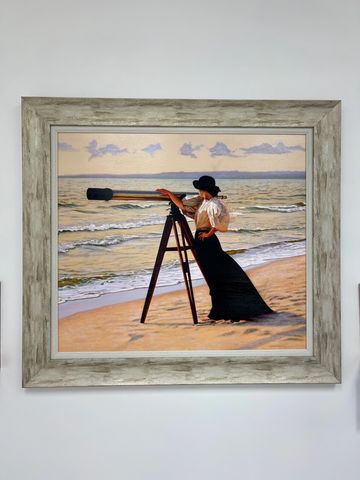 Woman in vintage attire using a large telescope on the beach.