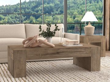 Cozy living room with wooden furniture and large windows overlooking greenery.