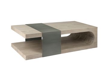 Modern rectangular wooden coffee table with a metal accent.