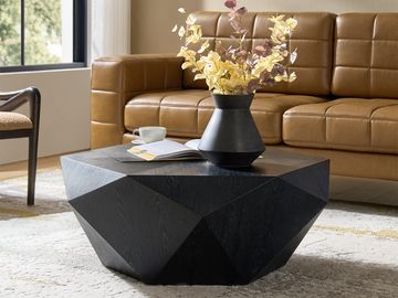 Black geometric coffee table with a vase and book in a cozy living room.