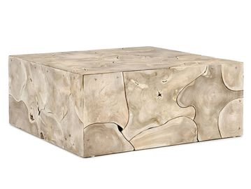 Square coffee table made of natural wood slices with a smooth finish.