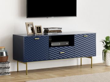 Modern blue TV stand with textured doors and gold legs.