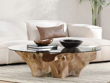 Glass-top coffee table with natural wood base in a modern living room.
