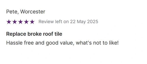 Five-star review praising hassle-free service and good value for roof tile replacement.