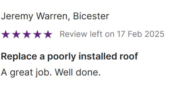 Five-star customer review praising excellent roof replacement work.
