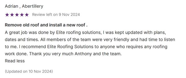 Positive customer review praising Elite Roofing Solutions for excellent roofing service.