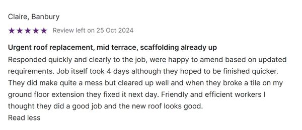 Five-star review praising quick response, efficient work, and a good new roof despite some mess.