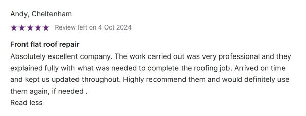 Five-star review praising professional and timely flat roof repair service.