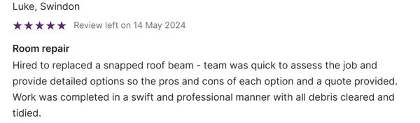 Five-star review praising quick and professional roof beam repair service.