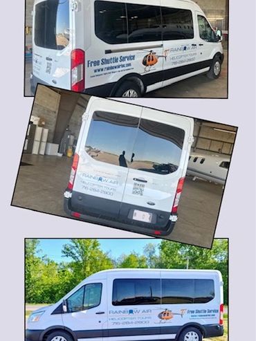 custom vehicle graphics created and installed on a event transport shuttle van.
