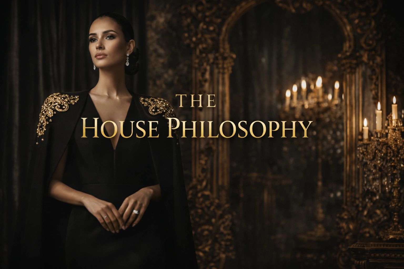 Elegant woman in black dress with gold embroidery, with text 'The House Philosophy'.
