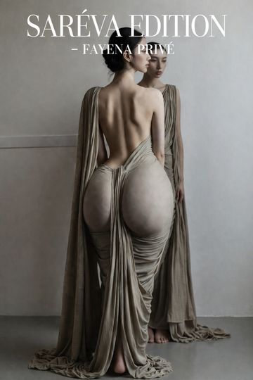 Elegant backless dress with dramatic draping, featured on a poised model.