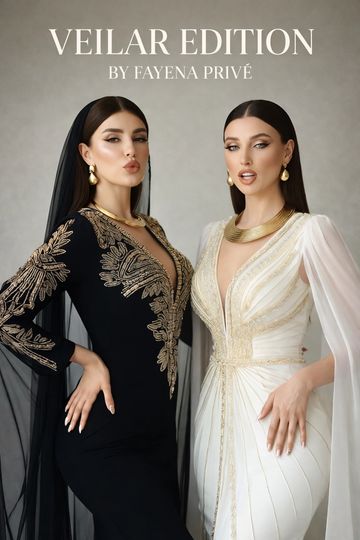 Two elegant women in embellished black and white dresses from Veilar Edition by Fayena Privé.