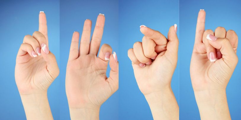 Four hand gestures against a blue background showing different finger positions.