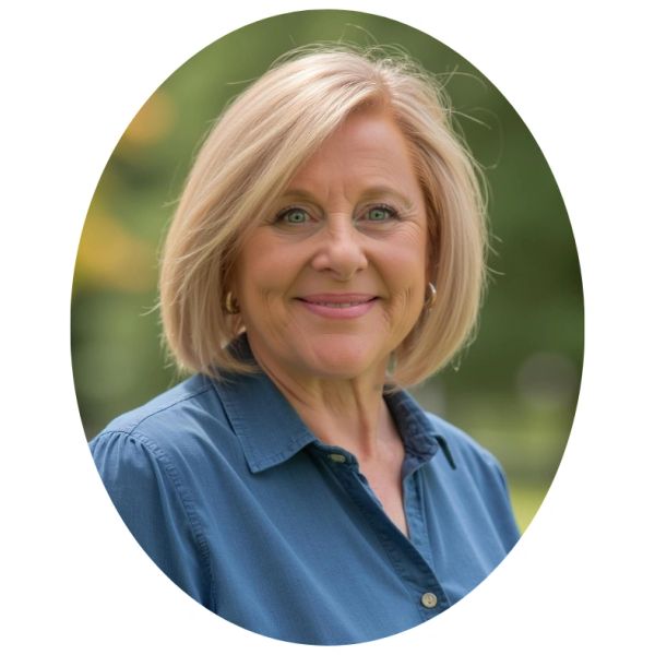 Smiling woman with blonde hair in a blue shirt.