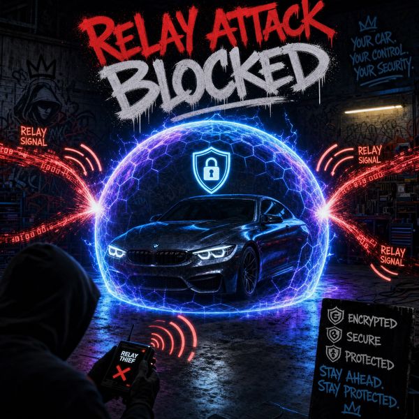 Car protected by StarLine, blocking a relay attack. Advanced vehicle security.