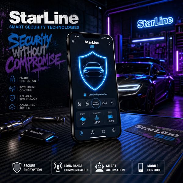 StarLine S9 app on smartphone, showing vehicle security features at PL-Autotek.