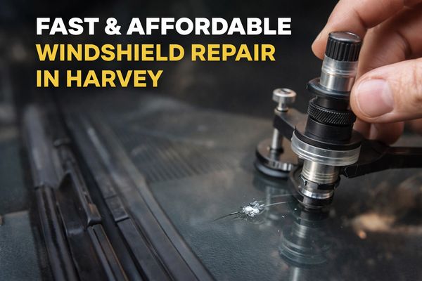 Professional windshield repair tool fixing glass chip in Harvey Illinois auto glass shop