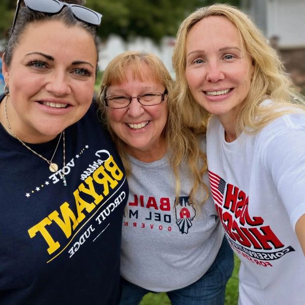 Three women smiling wearing political campaign t-shirts.